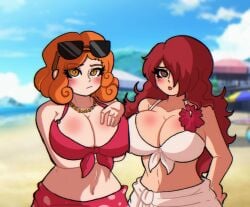 2girls alternate_version_available beach big_breasts bikini bikini_top blush breasts crossover danganronpa danganronpa_another eyewear_on_head fanganronpa female_only flower lewdscrap lipstick long_hair medium_hair mekaru_rei mitsuru_kirijo necklace orange_eyes orange_hair persona persona_3 pressing_breasts_together red_eyes red_hair sdra2 straight_hair sunglasses sunglasses_on_head super_danganronpa_another_2 swimsuit