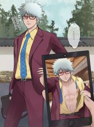 ... cellphone fully_clothed gintama gintoki_sakata glasses hand_on_hip lawyer looking_at_viewer male male_only nipple_piercing not_responding official_alternate_costume open_jacket open_shirt phone smile solo_focus suit toned toned_male undressing