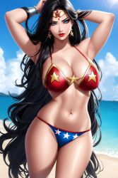 1girls ai_generated aiartshines amazon background beach big_breasts bikini bikini_bottom bikini_top black_hair blue_eyes cleavage cloud clouds curvaceous curvy curvy_body curvy_female curvy_figure dc dc_comics diana_prince earrings female female_only hand_behind_head hourglass_figure kneeling light-skinned_female light_skin long_hair looking_at_viewer red_bikini sand seductive sky solo solo_female superheroine tiara vambraces voluptuous voluptuous_female water wonder_woman wonder_woman_(series)