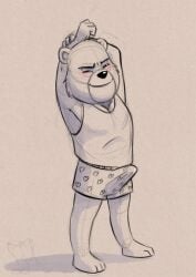 3_toes anthro bulge closed_eyes clothing corgi_(artist) erection feet heart_pattern male pecs sargento_caricias shirt solo tank_top teddy_bear_(species) toes topwear underwear unicorn_wars waking_up