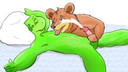 √tan 2boys anthro anthro_on_anthro bear_(franklin) brown_fur closed_eyes cum ejaculation franklin_(series) franklin_turtle furry gay handjob male male_only nostrils pillow tongue_out yaoi