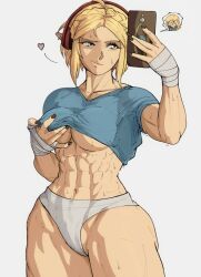 1boy abs blonde_hair clothes_lift female green_eyes hand_wraps headphones heart highres link muscular muscular_female nintendo pointy_ears princess_zelda selfie shirt_lift short_hair smile solo sweat tears_of_the_kingdom the_legend_of_zelda toned white_background yoracrab zelda_(tears_of_the_kingdom)