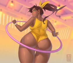 1girls ass bodysuit caitlin_(crush_crush) cedargrove crush_crush dark-skinned_female female female_only green_eyes hair_ribbon hoola_hoop hula_hoop ponytail ribbon sad_panda_studios solo