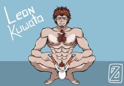 abs bara baseball beard big_penis blue_eyes blush cum danganronpa erection gay jockstrap kuwata_leon male male_only muscular nipples orange_hair penis_piercing piercing pointing pubic_hair solo squatting tongue_piercing