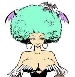 1girls afro alternate_hairstyle bare_shoulders big_breasts big_hair breasts cleavage clothed clothing clothing_cutout darkstalkers dreaminerryday female female_only hair hi_res highres hoop_earrings huge_breasts large_breasts light-skinned_female light_skin looking_at_viewer morrigan_aensland skimpy solo solo_female succubus white_body white_skin