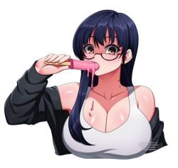 artist_name asian_female blue_hair boku_no_kokoro_no_yabai_yatsu bust busty female glasses hazel_eyes huge_breasts human innuendo jadenkaiba long_hair looking_at_viewer mole mole_on_neck popsicle popsicle_in_mouth popsicle_melting simple_background sports_bra sucking sucking_popsicle text white_background white_clothing yamada_anna