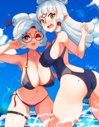 2girls ass beach bikini birthmark blue_mizugi blush breast_size_difference breasts female high_resolution highleg_swimsuit huge_breasts large_ass large_breasts long_hair mizugi nintendo one-piece_swimsuit outdoors paya_(the_legend_of_zelda) purah purah_(tears_of_the_kingdom) pussy_visible_through_clothes pussy_visible_through_swimsuit red_eyes swimsuit tears_of_the_kingdom the_legend_of_zelda thick_thighs thin_waist tiger1001 wet wet_body white_hair wide_hips