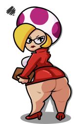 1girls annoyed ass big_ass big_breasts big_butt black_eyes blonde_hair breasts bubble_ass bubble_butt butt clipboard clothed clothing eyewear female female_only frown glasses heels high_heels huge_ass humanoid jacket jolene_(paper_mario) lewdewott light-skinned_female light_skin lips lipstick looking_at_viewer looking_back mario_(series) mushroom_cap mushroom_hat mushroom_humanoid nintendo no_nose office_lady paper_mario paper_mario:_the_thousand-year_door red_heels red_high_heels red_jacket red_lipstick red_skirt shortstack simple_background skirt solo standing thick_thighs white_background wide_hips