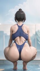 1girls ai_generated back_view backboob backwards blue_eyes blue_swimsuit brown_hair competition_swimsuit curvy gyakuten_saiban hair_ornament hair_rings huge_ass huge_breasts one-piece_swimsuit outside pool rtxon school_swimsuit short_hair short_ponytail squatting susato_mikotoba the_great_ace_attorney thick_thighs venus_body water wet_hair wide_hips