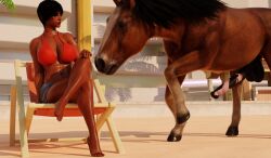 beach bikini cutoffs dark-skinned_female equine_penis feet_up horse_penis horsecock liber_lewdz mascara overwatch pharah sweat sweaty_body zoophilia