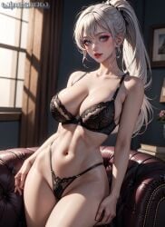 ai_generated curvy curvy_body curvy_female curvy_figure huge_breasts lingerie long_hair original_character ponytail solo_female solo_focus stable_diffusion white_hair winesnow