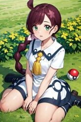 ai_generated blonde_female boots chloe_(pokemon) female flower_in_hair garden green_eyes legs long_hair looking_at_viewer maroon_hair on_knees pokeball pokemon small_breasts stable_diffusion thighs uniform yellow_flower