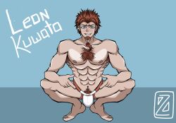 abs bara baseball beard big_penis blue_eyes blush cum danganronpa erection gay jockstrap kuwata_leon male male_only muscular nipples orange_hair penis_piercing piercing pointing pubic_hair solo squatting tongue_piercing