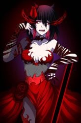 black_hair breasts demon_girl demon_horns dress energy female female_only i'm_the_grim_reaper red_eyes red_hair scarlet_(i'm_the_grim_reaper) scars_all_over scars_on_chest webcomic webcomic_character webtoon