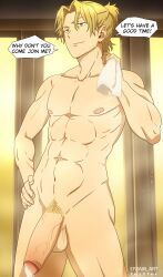 big_cock big_penis boner dialogue ef_drawings english_text erect_penis erection hard_on huge_cock huge_penis male male_only muscles muscular muscular_male precum precum_drip salaryman's_club sauna smooth_chest smooth_skin tatsuru_miyazumi towel uncut veiny_penis