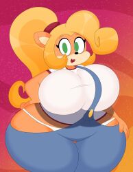 1girls 3barts activision anthro bandicoot big_breasts blonde_hair breasts coco_bandicoot crash_(series) female female_only green_eyes hand_on_hip lipstick looking_at_viewer low-riding overalls panties panties_visible ponytail solo thick_thighs whale_tail white_panties wide_hips