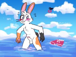 balls beach bunny_ears chiggedychew embarrassed embarrassed_nude_male enm erection fur furry multicolored_fur penis public_nudity rabbit solo_male standing_in_water unintentional_exhibitionism water