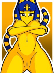 animal_crossing ankha ankha_(animal_crossing) anthro areola arm_under_breasts big_breasts blue_eyes blue_hair breasts brown_areola brown_nipples crossed_arms domestic_cat felid feline felis female fur genitals hair hi_res huge_breasts kevthunder23 low-angle_view mammal navel nintendo nipples nude pussy solo uraeus yellow_body yellow_fur