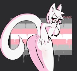 anthro ash_(tfwnocatgirlgf) ass big_butt breasts butt_focus demigirl demigirl_pride_colors ear_piercing eyebrow_piercing eyebrow_through_hair eyebrows facial_piercing felid feline female from_behind_position fur gesture hair hand_on_butt hi_res inner_ear_fluff lgbt_pride long_tail looking_at_viewer looking_back mammal nude piercing pride_color_flag pride_colors red_eyes sex shaded short_hair side_boob signature simple_background solo tail tfwnocatgirlgf tongue tongue_out translucent translucent_hair tuft v_sign white_body white_fur white_hair