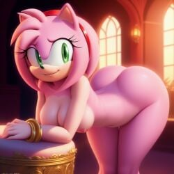 ai_generated amy_rose anthro deen_warrior eulipotyphlan female green_eyes headband hedgehog leaning_forward mammal mobian_(species) navel nude nude_female pink_fur pink_hair sega short_hair solo sonic_(series)