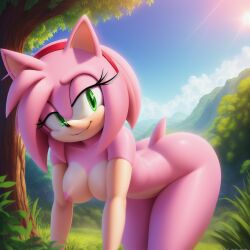 ai_generated amy_rose anthro bush deen_warrior eulipotyphlan grass green_eyes headband hedgehog leaf mammal mobian_(species) navel nude nude_female pink_fur pink_hair scut_tail sega short_hair sonic_(series) tree