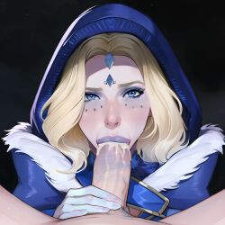 ai_generated blonde_hair blowjob blue_eyes blue_lipstick blush crystal_maiden cum cum_drinking dota dota_2 lipstick_on_penis tagme