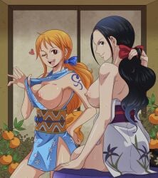 2girls back_muscles big_breasts black_hair chandllucky clothed clothed_female clothing female female_focus female_only hand_on_breast human japanese_clothes kunoichi light-skinned_female long_hair looking_at_viewer looking_back looking_pleasured mommy multiple_girls nami nico_robin onami one_piece orange_hair orobi partially_clothed post-timeskip showing showing_breasts tattoo tattoo_on_arm thighs uncensored wano_country