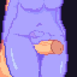 1boy 1girls balls balls_on_penis belly_button breasts dickgirl erection flaccid huge_cock humanoid humanoid_penis laneda_(artist) light-skinned_male lower_body male nude nude_female nudity penis pixel_art purple_skin standing thick_penis thick_thighs thigh_sex thighs white_skin wide_hips