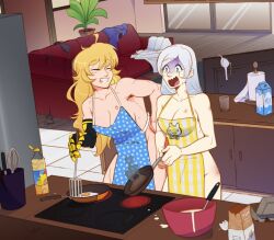 2girls apron apron_only blonde_hair breasts cleavage cooking cute female female_only gcho naked_apron nude rwby weiss_schnee white_hair wholesome yang_xiao_long