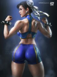 1girls absurdres adapted_costume artist_logo artist_name ass bike_shorts black_hair blue_sports_bra bracelet bun_cover chun-li cowboy_shot dat_ass double_bun earrings female female_only flexing from_behind fully_clothed hair_bun highres jewelry lips logan_cure median_furrow muscular muscular_female patreon_username pose solo spiked_bracelet spikes sports_bra standing steaming_body street_fighter sweat tight_clothes toned