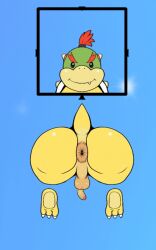 1boy ass ass_focus asshole balls blue_background bowser_jr. butt gay koopalings male male_only mario_(series) naked nintendo non-human penis rapistwerewolf red_hair small_balls small_penis tagme tail through_wall toony yellow_penis yellow_tail