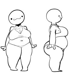 :3 bald bald_female bald_woman belly belly_button big_ass big_breasts bikini black_and_white black_and_white_body chubby chubby_belly chubby_female dot_eyes friedpeep_(artist) front_view hands_at_side monochrome multiple_images multiple_views no_background no_hair owo plain_background side_view simple_eyes simple_face simple_shading thick_ass thick_thighs white_background wide_belly wide_hips