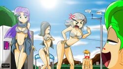 big_breasts big_macintosh_(mlp) bikini blush friendship_is_magic limestone_pie_(mlp) marble_pie_(mlp) maud_pie_(mlp) my_little_pony ryured smooth_skin spike_(mlp) swimsuit