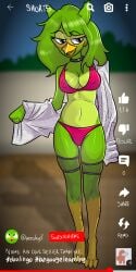 anthro avian bikini bird black_eyes duo_(duolingo) duolingo female female_only furry furry_female green_feathers green_hair lingerie owl red_bikini rule_63 shorts solo_female stockings towel yerolay youtube