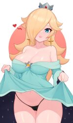 1girls black_panties blue_dress breasts cleavage clothed dress female female_only large_breasts long_hair mario_(series) moursho nintendo panties presenting princess_rosalina simple_background solo standing super_mario_galaxy underwear