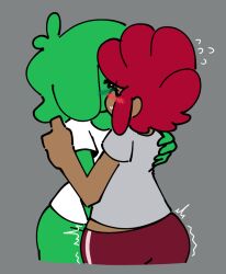 bepixel blush blush_lines blushing blushing_profusely bottomless clothed clothed_female eyes_closed green_body green_hair green_skin jellie_(bepixel) jelly_girl kiss kissing max_(stashamber) red_hair red_shorts shorts slime slime_girl stashamber_(artist) sweat tagme yuri