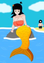 1girls background background_character big_breasts black_hair brown_eyes coast curvy eliot_cliffton female flushed glasses huge_breasts large_breasts marie_allen medium_hair mermaid mermaid_girl mermaid_tail sitting smile smiling surprised teddisin