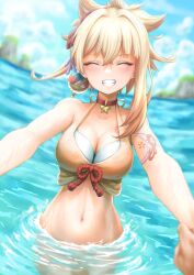 1girls ^_^ arm_tattoo beach bikini blonde_hair blue_sky blush breasts choker cleavage closed_eyes female_focus genshin_impact happy highres holding_hands large_breasts navel orange_bikini outdoors ponytail pov_hands royboy sky stomach summer swimsuit tattoo wading water yoimiya_(genshin_impact)