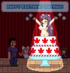 2boys 2girls birthday black_hair brown_hair cake cake_stripper clothed_female_nude_female clothed_male_nude_female coming_out_of_cake completely_nude completely_nude_female doki_doki_literature_club embarrassed female full_body heart_eyes jumping_out_of_a_cake long_hair monika_(doki_doki_literature_club) naked naked_female nathan navel nipples nude nude_female oc original original_character pink_hair pixel_art ponytail popping_out_of_cake purple_hair short_hair surprise thelewderturner yuri_(doki_doki_literature_club)