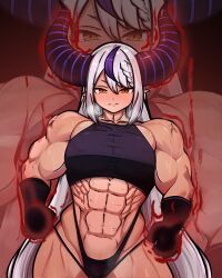 absurdres aura black_background black_gloves blush braid braided_bangs breasts crop_top demon_girl demon_horns female gloves grey_hair hair_between_eyes highleg highleg_panties highres hololive hololive_japan holox horns la+_darknesss long_hair looking_at_viewer medium_breasts multicolored_hair muscular muscular_female omuko panties pointy_ears purple_hair purple_horns simple_background solo streaked_hair striped_horns sweat underwear veins very_long_hair virtual_youtuber yellow_eyes zoom_layer