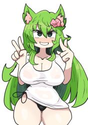 1girls animal_ears big_breasts cleavage commission commission_art green_eyes green_hair light-skinned_female long_hair no_pants notnoe_(dxcl) oc original_character panties peace_sign see-through smile thick_thighs white_background white_shirt