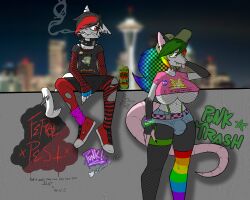 anthro ball_bulge balls balls_under_clothes bottomless_skirt breasts bulge checkered dickgirl emo erect_nipples feline fishnet_bodysuit fishnets flaccid furry futanari graffiti green_eyes huge_breasts male nipple_bulge nonbinary nonbinary_flag nonbinary_pride_colors opossum penis penis_bulge penis_under_clothes penis_under_skirt pin possum public public_indecency punk-tan rainbow_hair red_eyes scene seattle sitting skirt smoking sparkledog thighhighs transfem transgender_pride_colors underboob