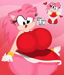 1girls 3barts aged_up amy_rose anthro big_breasts classic_amy_rose dialogue eyelashes female female_only gloves hedgehog pink_body red_dress sega solo sonic_(series) sonic_superstars text text_bubble thick_thighs wide_hips