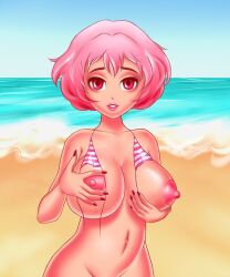 1girls beach bikini bikini_top_removed breasts crush_crush doctorurethral elle_(crush_crush) female female_only holding_breast large_breasts lipstick pink_eyes pink_hair sad_panda_studios short_hair solo