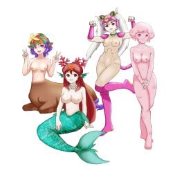 4girls bonchovy_(crush_crush) breasts cat_ears cat_tail centaur crush_crush female female_focus female_only jelle_(crush_crush) mermaid monster_girl multiple_girls nude pink_body quillzone_(crush_crush) rainbow_hair sad_panda_studios slime_girl spectrum_(crush_crush) white_background