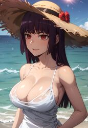 1girls ai_generated beach big_breasts black_hair breasts busty cleavage clothed clothing curvy dress female female_focus female_only hi_res highres huge_breasts large_breasts long_hair please_don't_bully_me,_nagatoro president_(nagatoro) purple_hair red_eyes revealing_clothes sana_sunomiya sand sea simple_background solo solo_female subaruarm voluptuous wide_hips