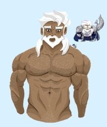 1boy beard blue_eyes cookie_run cookie_run_kingdom daddy daddy_kink dark-skinned_male dark_skin gay hairy hairy_arms hairy_chest hairy_male humanized humanized_cookie long_hair looking_down male_only muscles muscular muscular_male nipples old_man older_male tea_knight_cookie white_beard white_hair