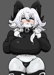 1girls big_breasts blush chubby_female closed_eyes collar grey_background horns notnoe_(dxcl) roblox roblox_avatar robloxian silver_hair sleeves steam stockings sweat thick_thighs thong white_body white_hair white_skin