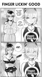 2girls blush bra breasts comic english_text female female_only funny garter_straps greyscale grs- instant_loss_2koma large_breasts lingerie oc original original_character panties ponytail smile teasing text_bubble underwear yuri