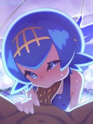 1boy 1girls aged_up beach beach_umbrella blue_eyes blue_hair cheek_bulge fellatio hair_ornament kaikoinu lana_(pokemon) nails_painted nipple_bulge pokemon sweating swimsuit under_umbrella water white_pupils